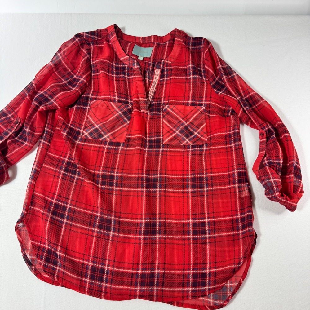 Skies Are Blue Womens Red Plaid Top Size Small Roll Tab Sleeve High Low